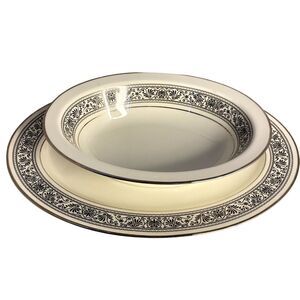 #8181 2 Serving NORITAKE PRELUDE IVORY CHINA oval bowls and platter black border